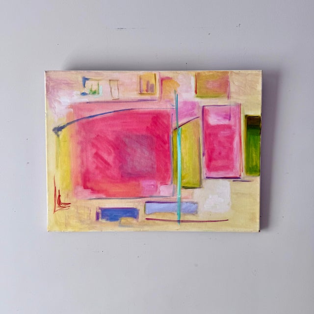 Vintage 1970s Original Pink, Chartreuse Green and Yellow Geometric Abstract Oil Painting on Stretched Canvas with...