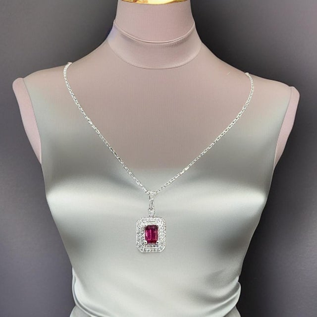 Diamond Rubellite Tourmaline Necklace 18" 18k Gold 1.80 TCW Certified For Sale - Image 4 of 16