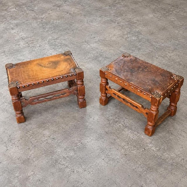 Spanish Medieval-Style Wood and Leather Ottomans, 1920s Set of 2 For Sale - Image 3 of 8