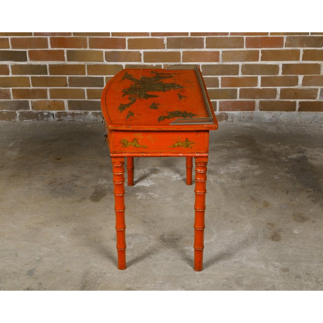 Red English Red Lacquer Faux Bamboo 19th Century Desk with Gilded Chinoiserie Décor For Sale - Image 8 of 12
