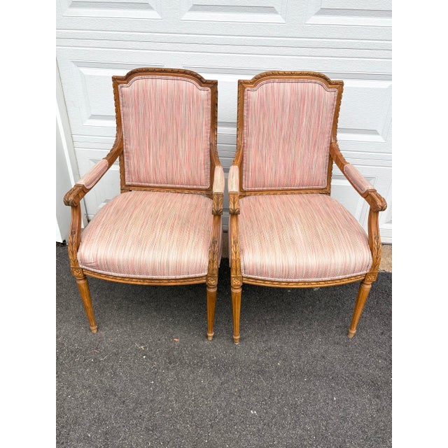 Early 20th Century Vintage Louis XVI Carved Wood and Upholstered Arm Chairs - A Pair For Sale - Image 5 of 12
