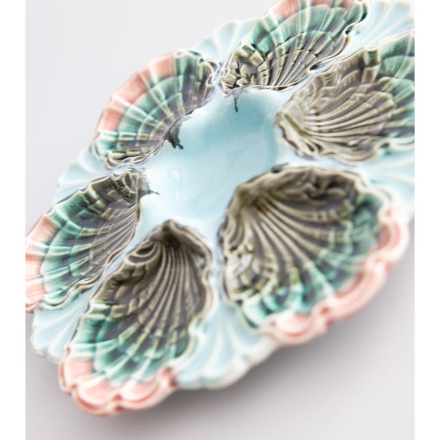 Late 19th Century Antique French Fives Lille Majolica Turquoise Oyster Plate For Sale - Image 5 of 7