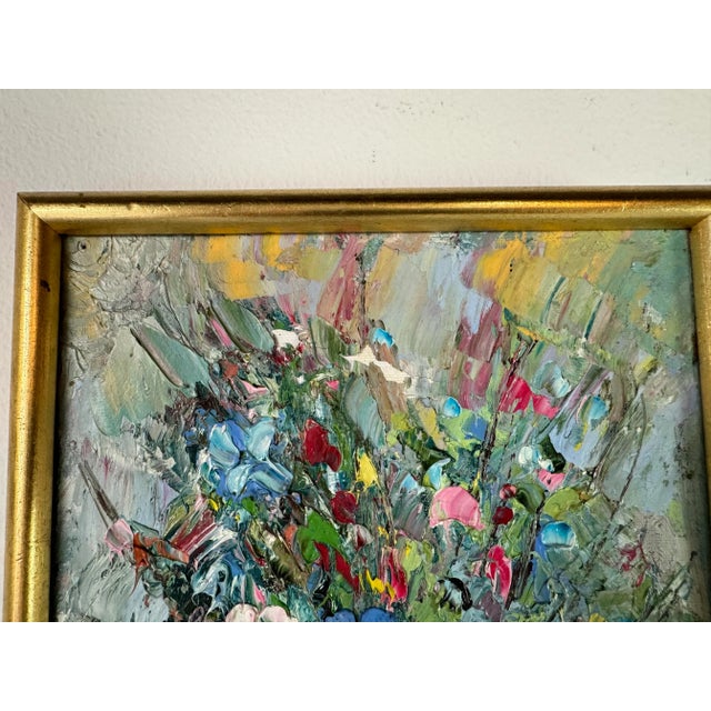 Green 70's Vintage Heavy Impasto Floral Still Life Oil Painting, Framed For Sale - Image 8 of 10