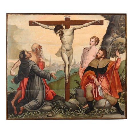 Christ Crucified with Saints, Oil on Hardboard, 1500s For Sale