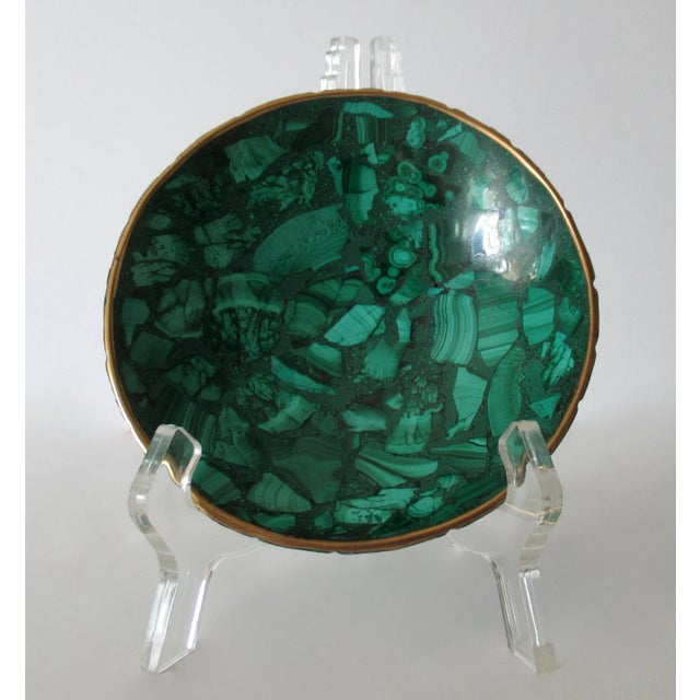 1960s Vintage Italian Coved Malachite Stone & Bronze Rimmed Catchall, and/or Nut/Candy Decorative Bowl For Sale - Image 5 of 14