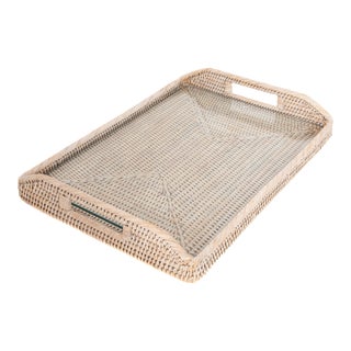 Artifacts Rattan Rectangular Tray with Glass Insert in White Wash - 17" For Sale