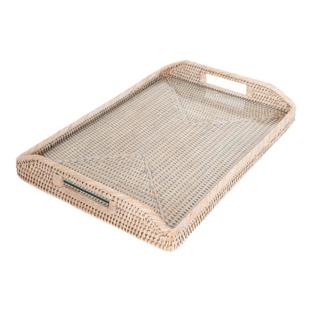 Artifacts Rattan Rectangular Tray with Glass Insert in White Wash - 17" For Sale