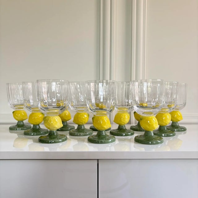 Bordallo Pinheiro Style Green Stem Lemon Motif Hand Blown Fluted Glass Goblets - Set of 6 For Sale - Image 4 of 8