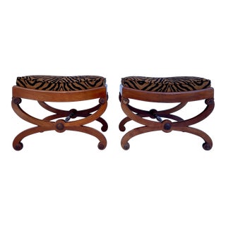 Pair of Neoclassical Empire Curule Animal Print Stool Ottomans For Sale