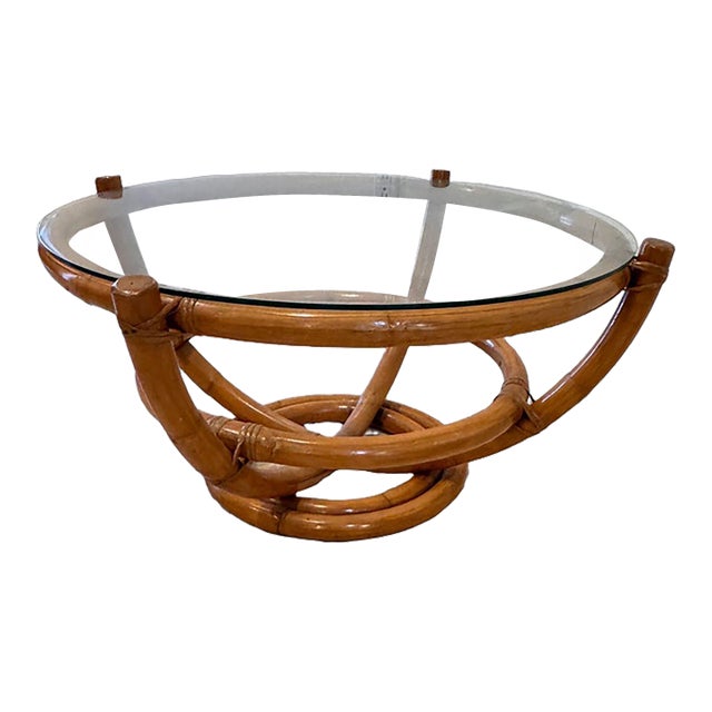 Vintage Sculptural Palm Beach Style Rattan Coffee Table With Round Glass Top, C. 1970s For Sale