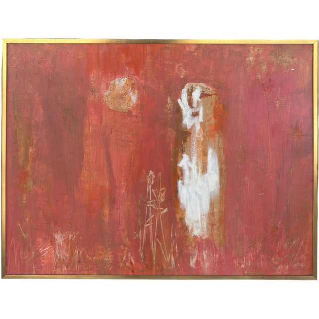 Mid Century Modern Abstract Art Oil Painting in Giltwood Frame.