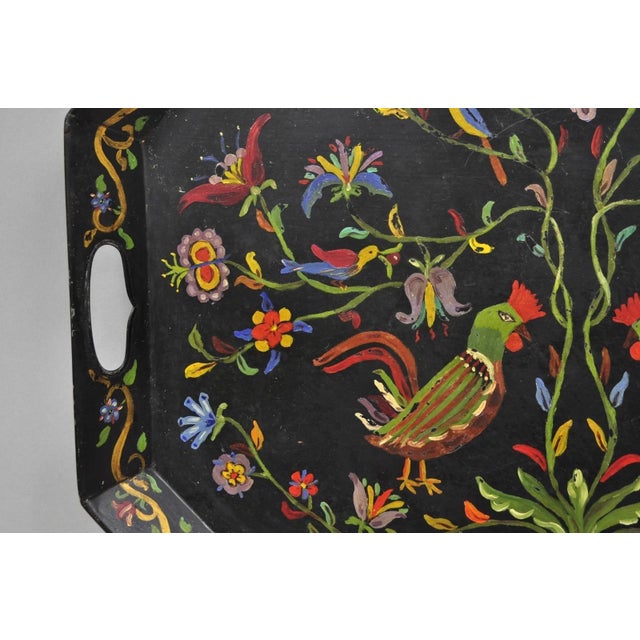Black Vintage Lida Bell Clark French Country Pa Dutch Hand Painted Toleware Metal Tray For Sale - Image 8 of 16