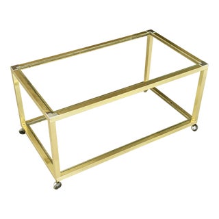 Italian Brass, Chrome Plated Metal and Glass Coffee Table with Wheels, 1970s For Sale