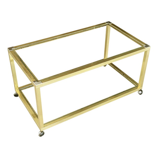 Italian Brass, Chrome Plated Metal and Glass Coffee Table with Wheels, 1970s For Sale