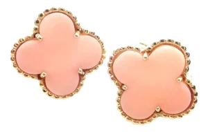 Vintage Van Cleef & Arpels Alhambra Angel Skin Coral Yellow Gold Earrings - 2 Pieces