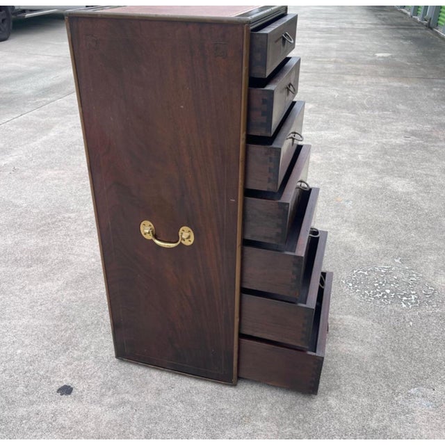 Italian Campaign Style Brass Accent Inlay Lingerie Chest Dresser Chest Drawers For Sale - Image 9 of 12