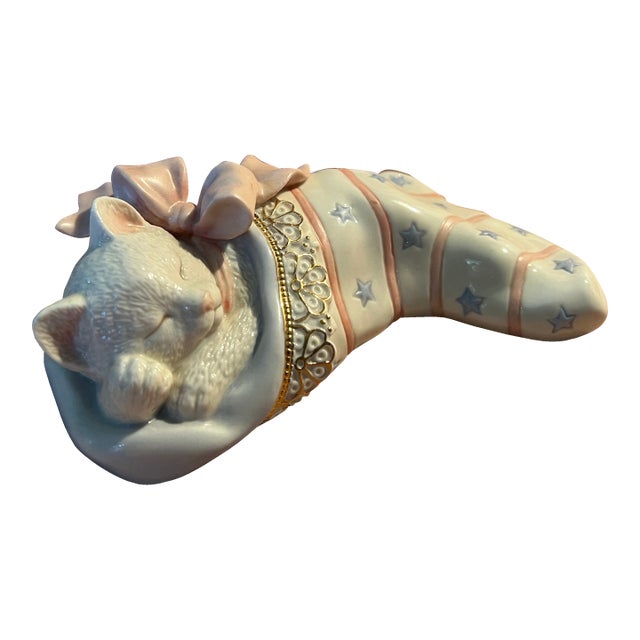 Small Vintage Lennox Christmas Cat Sleeping in Stocking Knick Knack For Sale