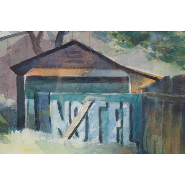 Gray Vintage Marshall Turner Notel Motel Backyard Landscape Watercolor Painting 37" For Sale - Image 8 of 10