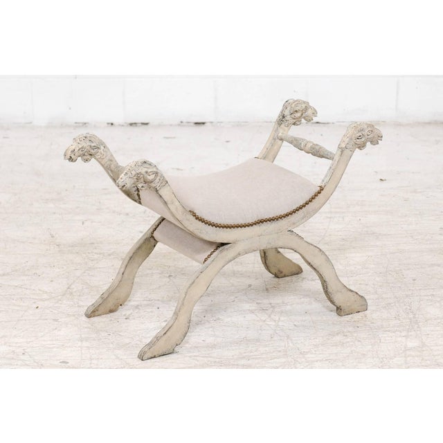 Late 20th Century Italian Midcentury Empire Style Painted and Upholstered Bench with Ram Heads For Sale - Image 5 of 9
