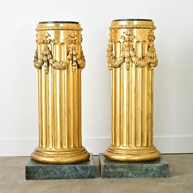 19th Century French Pair of Neoclassical Giltwood & Marble Top Columns For Sale - Image 5 of 12