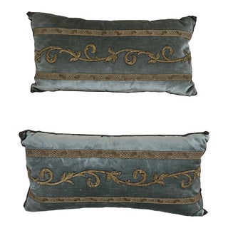 Pair of B. Viz Design Antique European Raised Gold Metallic Appliqué on Slate Velvet Lumbar Pillows For Sale