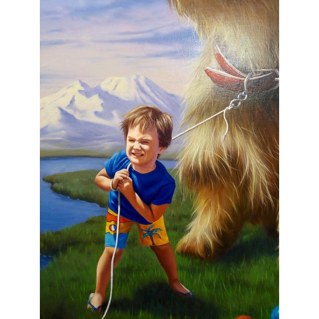 1980s Jim Warren -Young Brothers Dealing With Their Giant Terrier- Surreal Oil Painting For Sale - Image 5 of 11