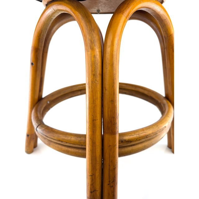 1970s Mid Century Bentwood Rattan Stool With Cream Upholstered Cushion For Sale - Image 5 of 12