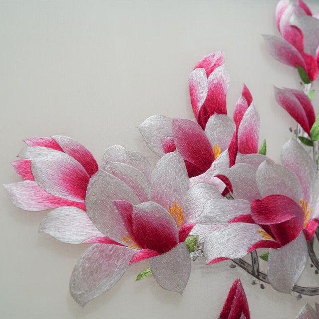 Handmade Suzhou Embroidery “Golden Abundance” Magnolia Blossom Artwork – Luxury Silk Embroidered Decorative Wall Art For Sale - Image 6 of 10