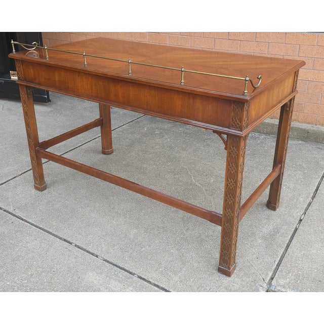 Henkel Harris Moore George III Style Blind Fretwork Mahogany Table Desk With Gallery For Sale - Image 9 of 9