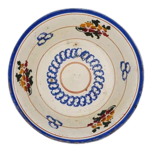 1900s Portuguese Spongeware and Floral Dairy Bowl, Earthenware