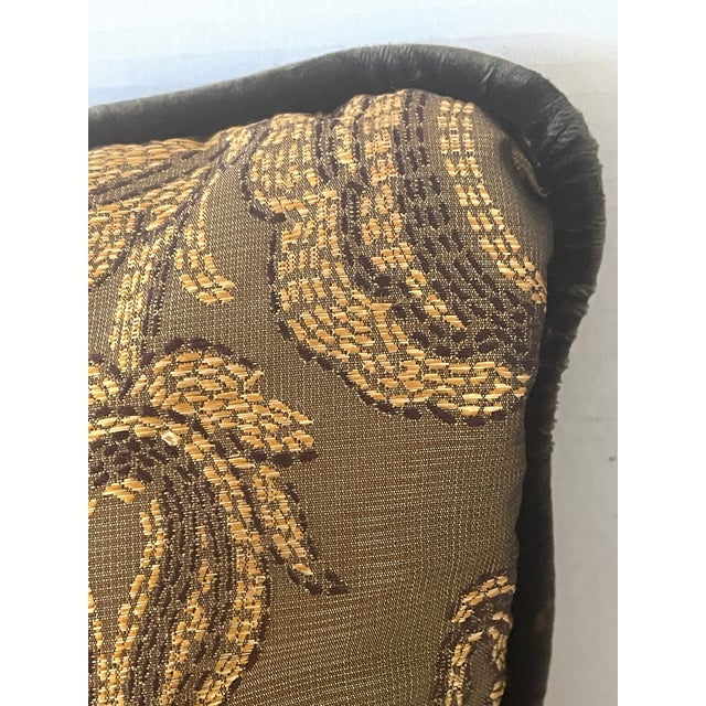Baroque style rich bronze brocade with velvet trim pillow. Duck feathers and down insert.