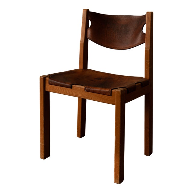 Vintage French Elm and Cognac Leather Chair from Maison Regain, 1970s For Sale