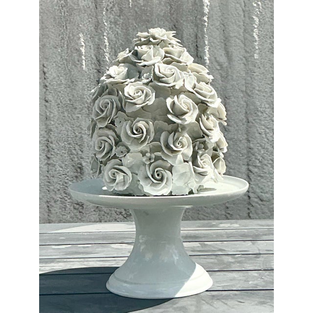 White Vintage Regency Glazed Porcelain Rose Cake on Pedestal For Sale - Image 8 of 12