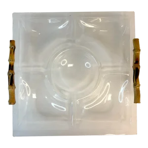 1990s Vintage Chinoiserie Boho Chic Bamboo Handled Lucite Serving Divided Dish.