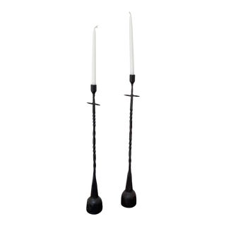 Pair of Contemporary Twisted Clavelito Patinated Iron Candlesticks For Sale
