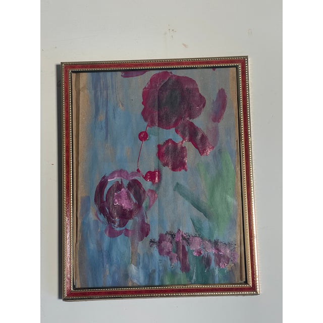 Abstract 1980s Pair Abstract Paintings Florida Florals in Red and Purple by Elia Framed For Sale - Image 3 of 7