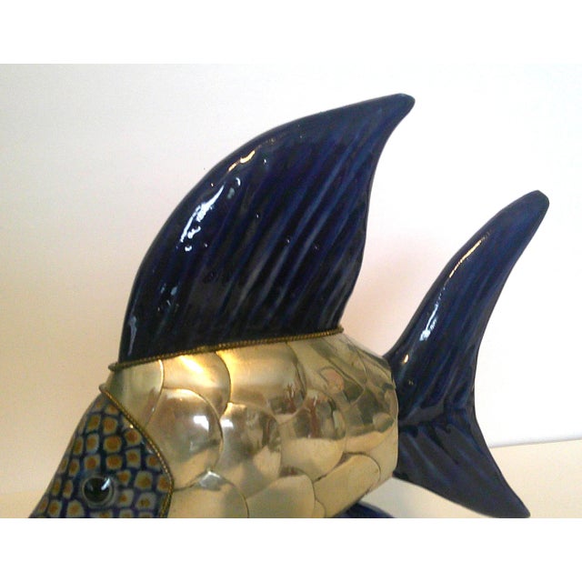 Late 20th Century Integrated/Ceramic Pottery Fish Sculpture Brass Scale Armor Attributed to Sergio Bustamante For Sale - Image 5 of 10