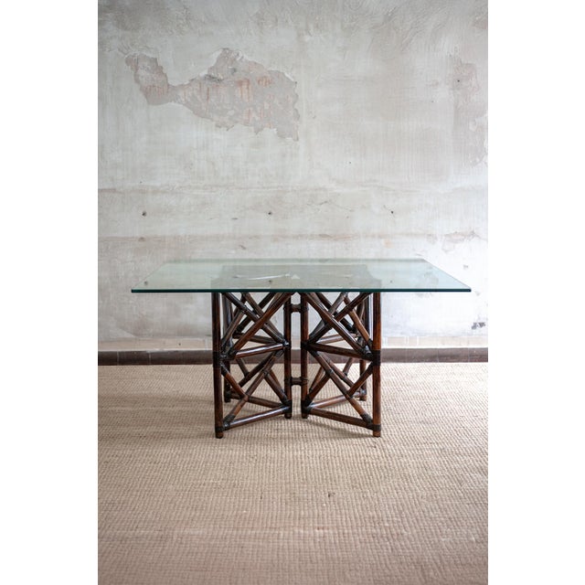 Bamboo and glass dining set – 1970s product details comprising a table with bamboo base and glass top, and six chairs....