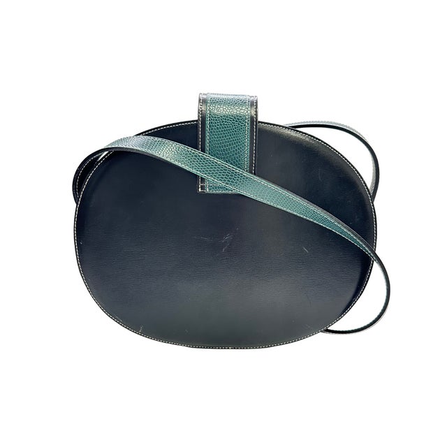 French Vintage Pourchet Paris Black Leather & Green Lizard-Embossed Shoulder Bag, Made in France For Sale - Image 3 of 8