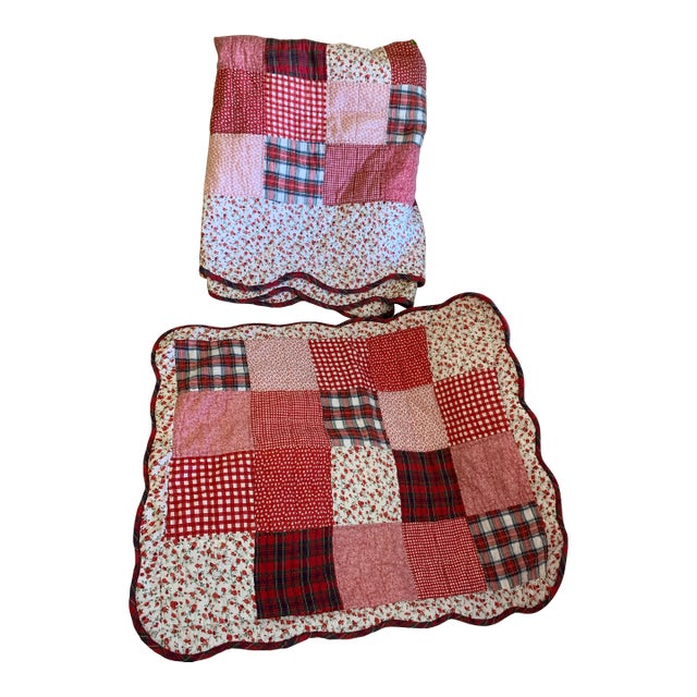 Vintage 1994 Rustic Floral & Gingham Patchwork Twin Size Quilt & Sham For Sale