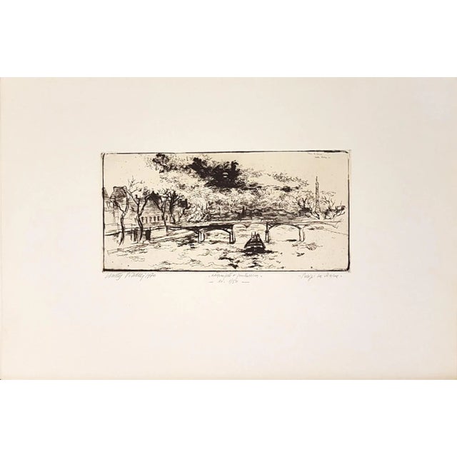 Interesting b/w etching and drypoint, representing the Parisian foreshortening of a bridge on the Seine. Edition of 50...
