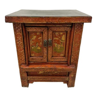 Chinese Late Qing Dynasty Bedside Wooden Cabinet With Period Painting Art Works For Sale