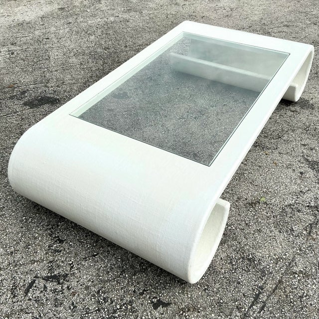 Vintage Boho Linen Wrapped Scroll Coffee Table For Sale - Image 4 of 11