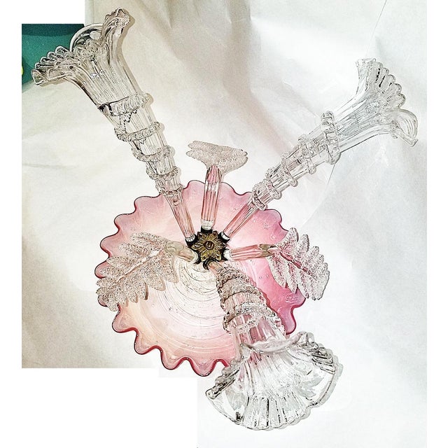 Stunning centerpiece for any room, this 19c French hand-blown glass epergne vase with rose petal basin bowl, gilt grass...