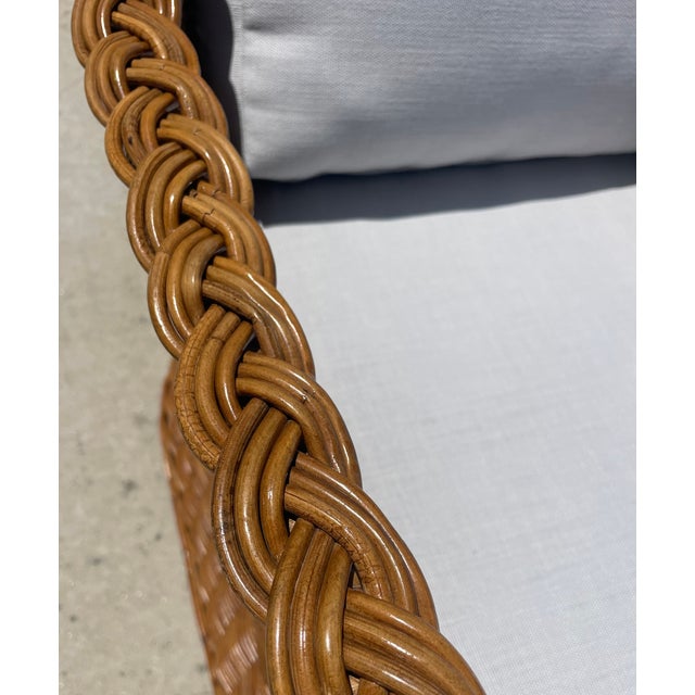Vintage Braided Wicker Sofas, Michael Taylor Style With New Perennials Upholstery For Sale - Image 9 of 14