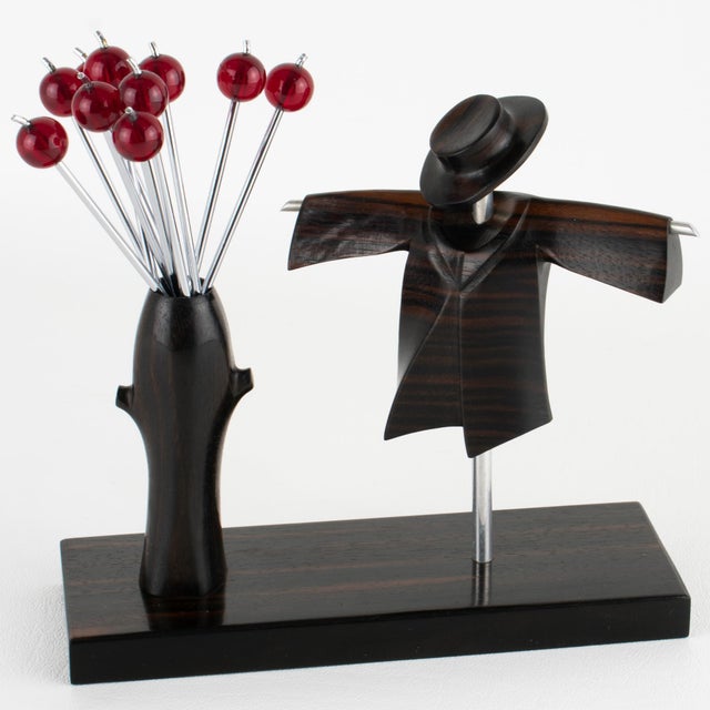 1930s Art Deco Cocktail Picks with Chrome and Macassar Wood Scarecrow For Sale - Image 4 of 9