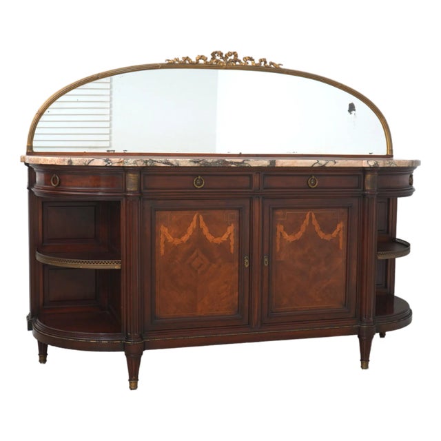 Antique French Louis XVI Marble Top Inlaid Mahogany Sideboard For Sale