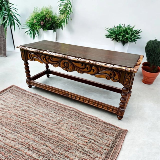 Spanish Baroque Carved Wood Arts & Crafts Hall Bench Seat For Sale - Image 14 of 16