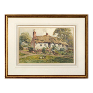Country Cottage - Figure in the Door With Geese - Landscape by Joshua Fisher