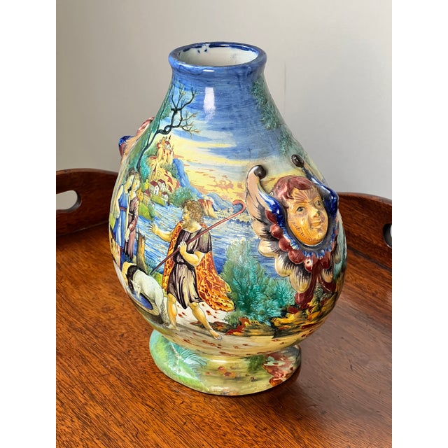 Early 20th Century Antique Italian Renaissance Revival Hand Painted Maiolica Vase With Winged Putti Handles, C. 1920-1940 For Sale - Image 5 of 8
